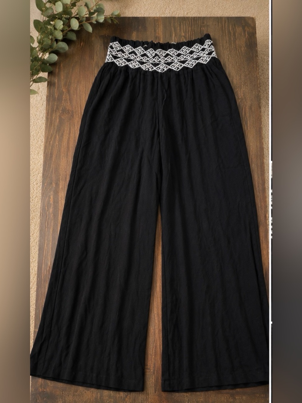 Indigo Rein Black Wide Leg Summer Pants | Embroidered Waistband | XL